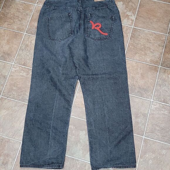 Rocawear Loose Baggy Retro Y2K Fire Jeans w Embroidered Red Logo Pocket 38 x 34 - Picture 8 of 9